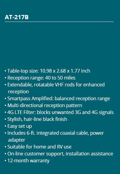 40/50 Miles Reception Multi-directional Reception Receives Digital TV and FM Radio Signals Balanced Short & Long Range Reception Unwanted 3G/4G Signal Blocked Extendable and Rotatable Rods Enhanced VHF Reception Hairline Black 6ft Cable