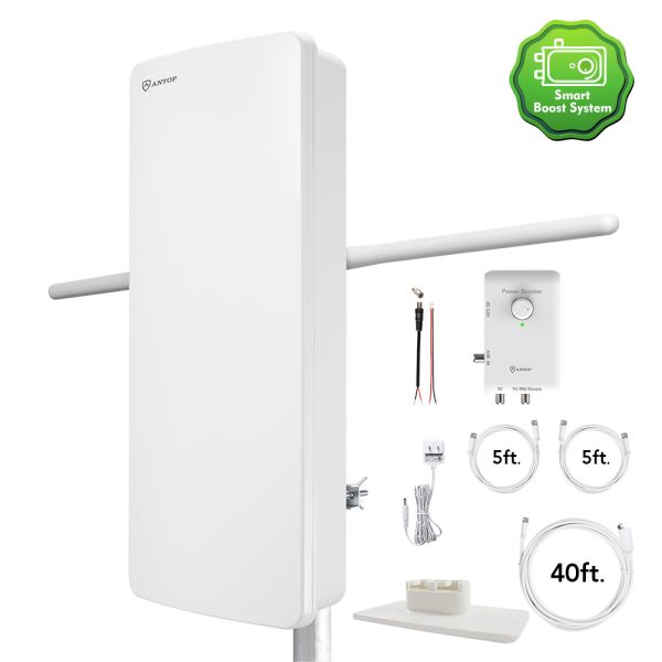 ANTOP AT-800SBS HD Smart Panel: HDTV & FM Amplified Outdoor/Indoor(Attic)  Antenna with Smart Boost System, 85 mile range