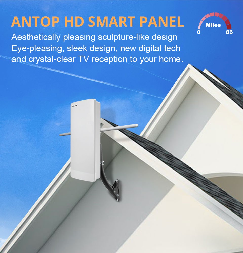 ANTOP AT-800SBS HD Smart Panel: HDTV & FM Amplified Outdoor/Indoor(Attic) Antenna with Smart Boost System, 85 mile range