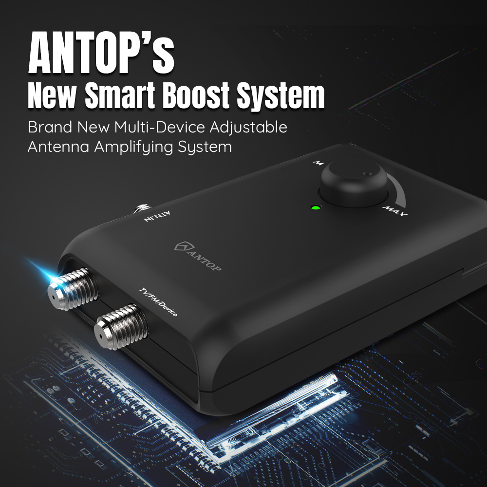 ANTOP - Amplificador de antena inteligente HD, amplificador de señal HDTV,  amplificador con salidas dobles para TV y segundo dispositivo, mejora la